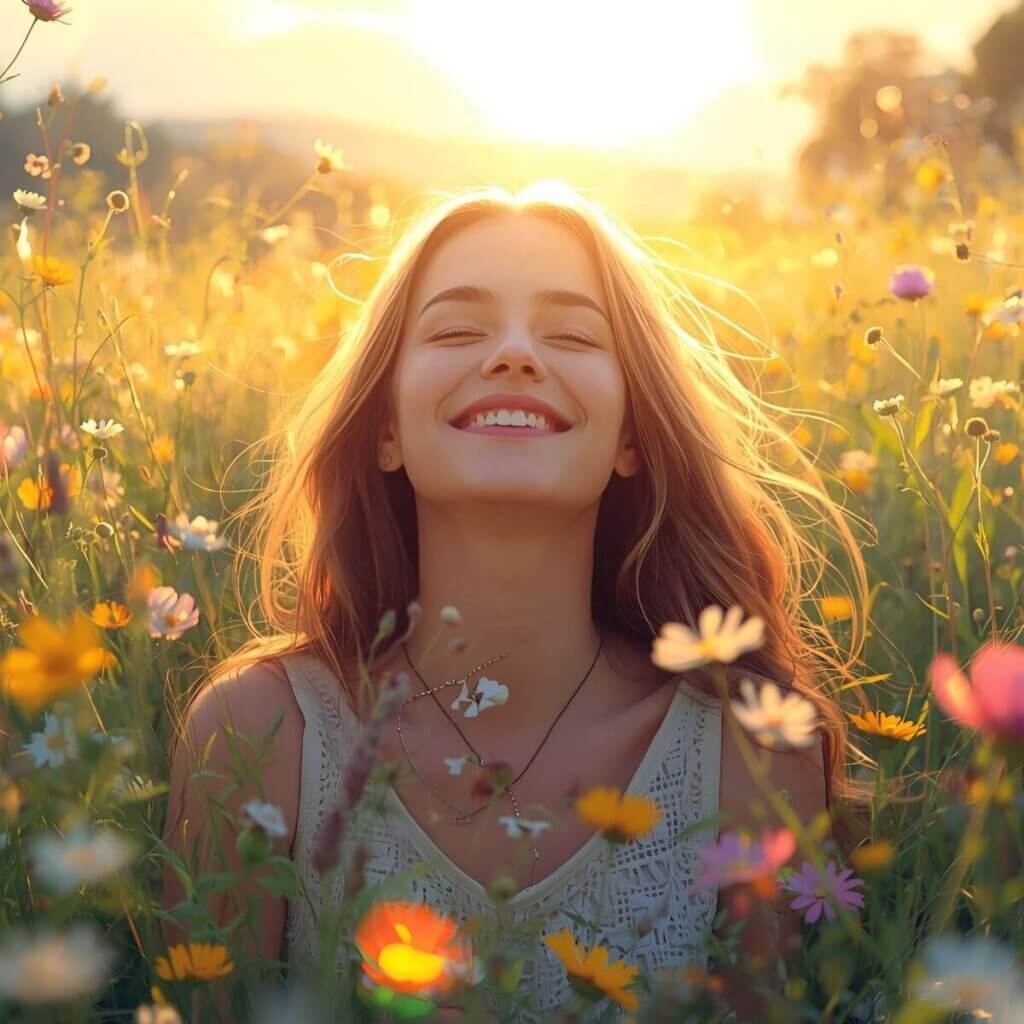 A joyful woman smiling in a field of wildflowers, embracing the optimism of Moving to a New City for a Fresh Start.