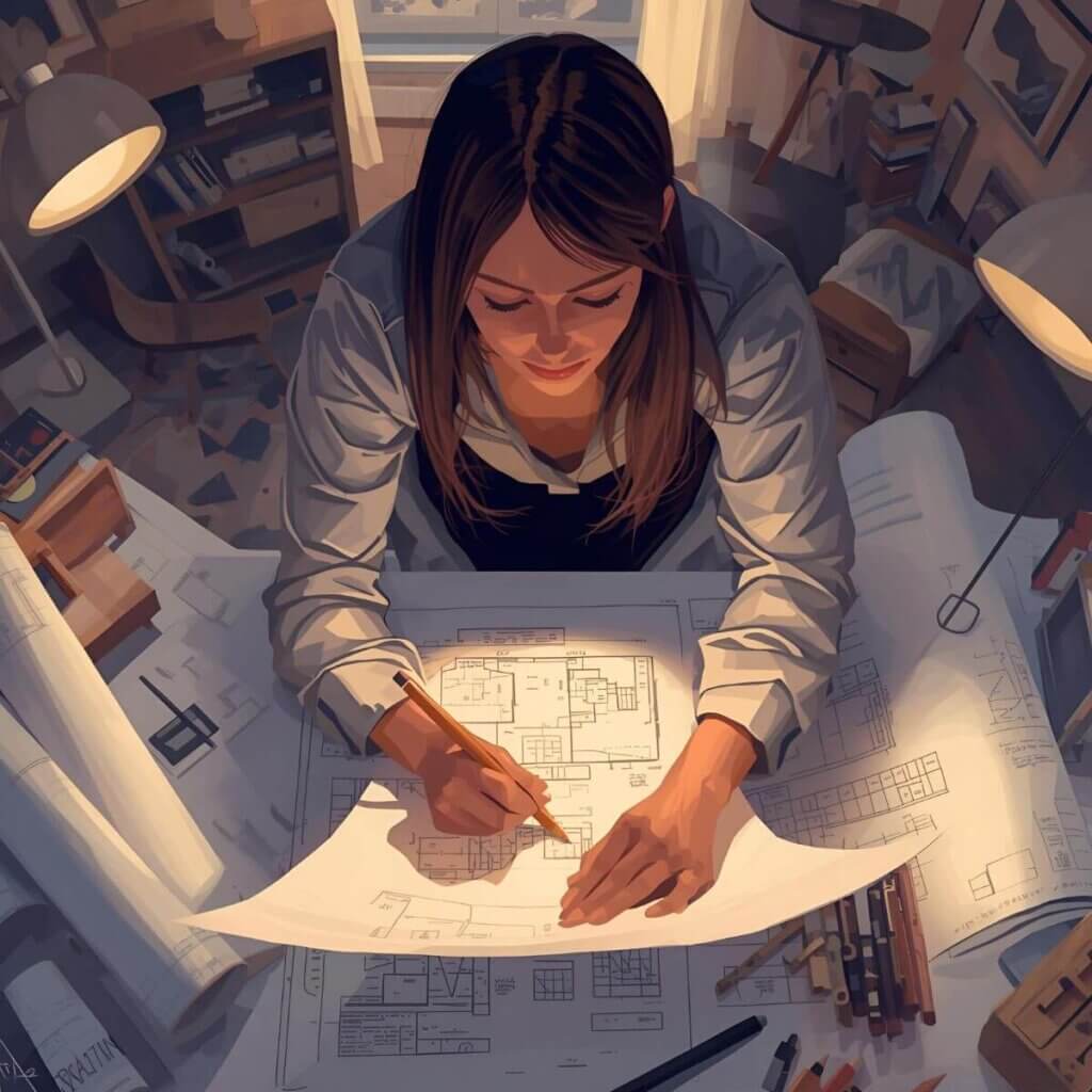 A woman sketching architectural blueprints while preparing for Moving to a New City for a Fresh Start.