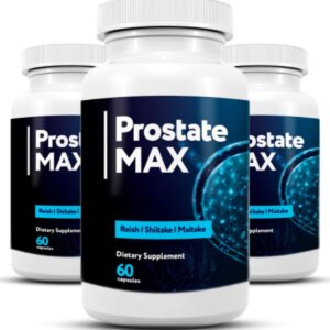 Prostate Max supplement bottle with mushroom ingredients, including Reishi, Shiitake, and Maitake, focusing on prostate health.