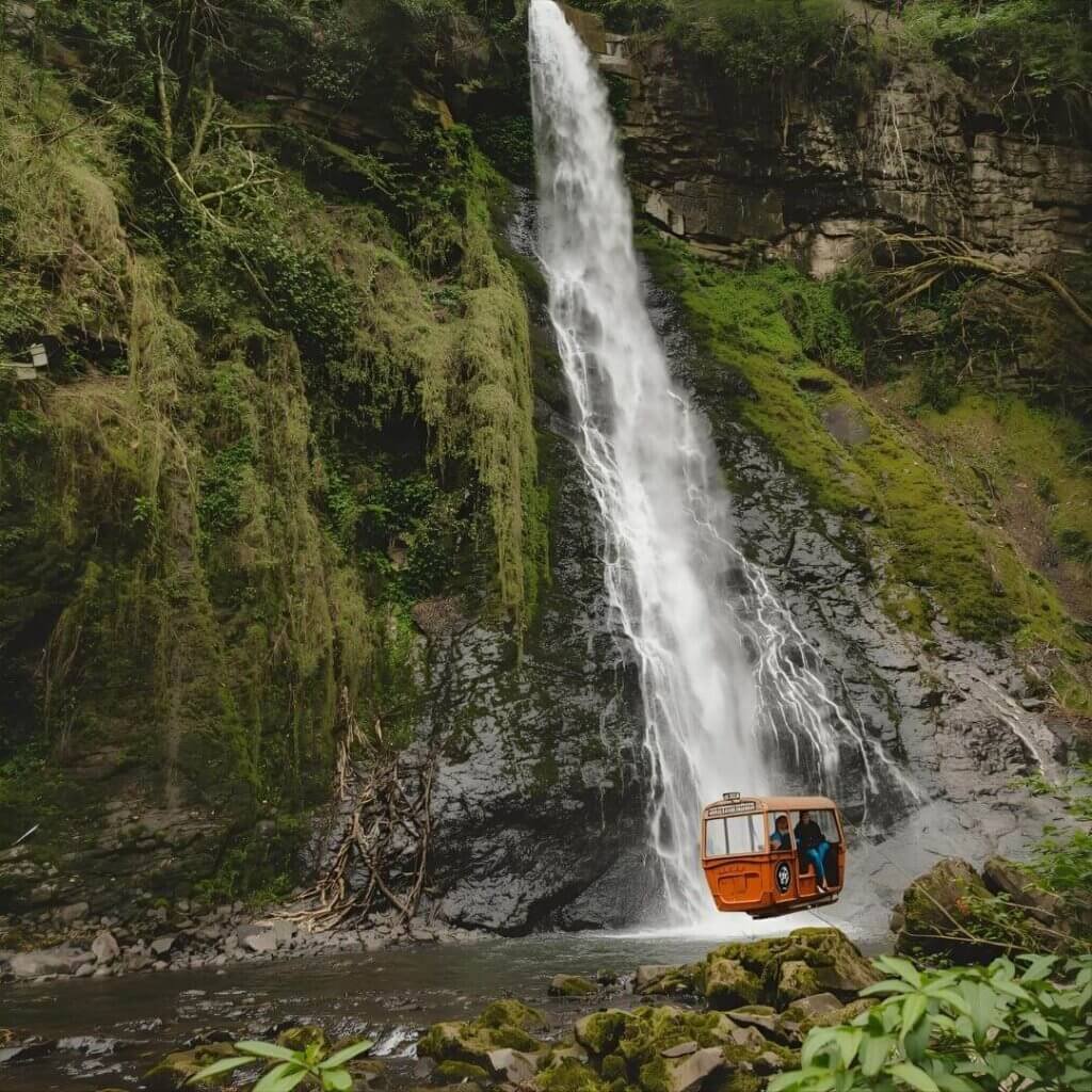 Should You Opt for Adventure Travel Over Relaxing Vacations? The image shows an adventurous cable car ride near a stunning waterfall, combining excitement and awe-inspiring nature.