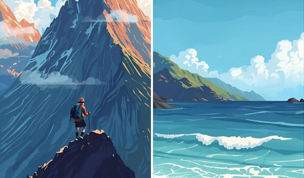 Should You Opt for Adventure Travel Over Relaxing Vacations? This image compares the exhilarating peaks of a mountain hike with the calm, soothing beach waves.