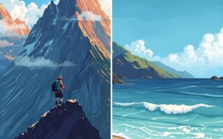 Should You Opt for Adventure Travel Over Relaxing Vacations? This image compares the exhilarating peaks of a mountain hike with the calm, soothing beach waves.