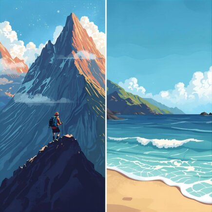 Should You Opt for Adventure Travel Over Relaxing Vacations? This image compares the exhilarating peaks of a mountain hike with the calm, soothing beach waves.
