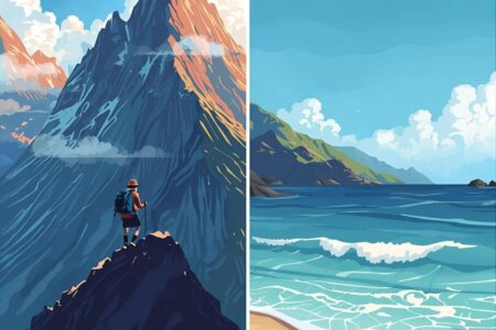 Should You Opt for Adventure Travel Over Relaxing Vacations? This image compares the exhilarating peaks of a mountain hike with the calm, soothing beach waves.