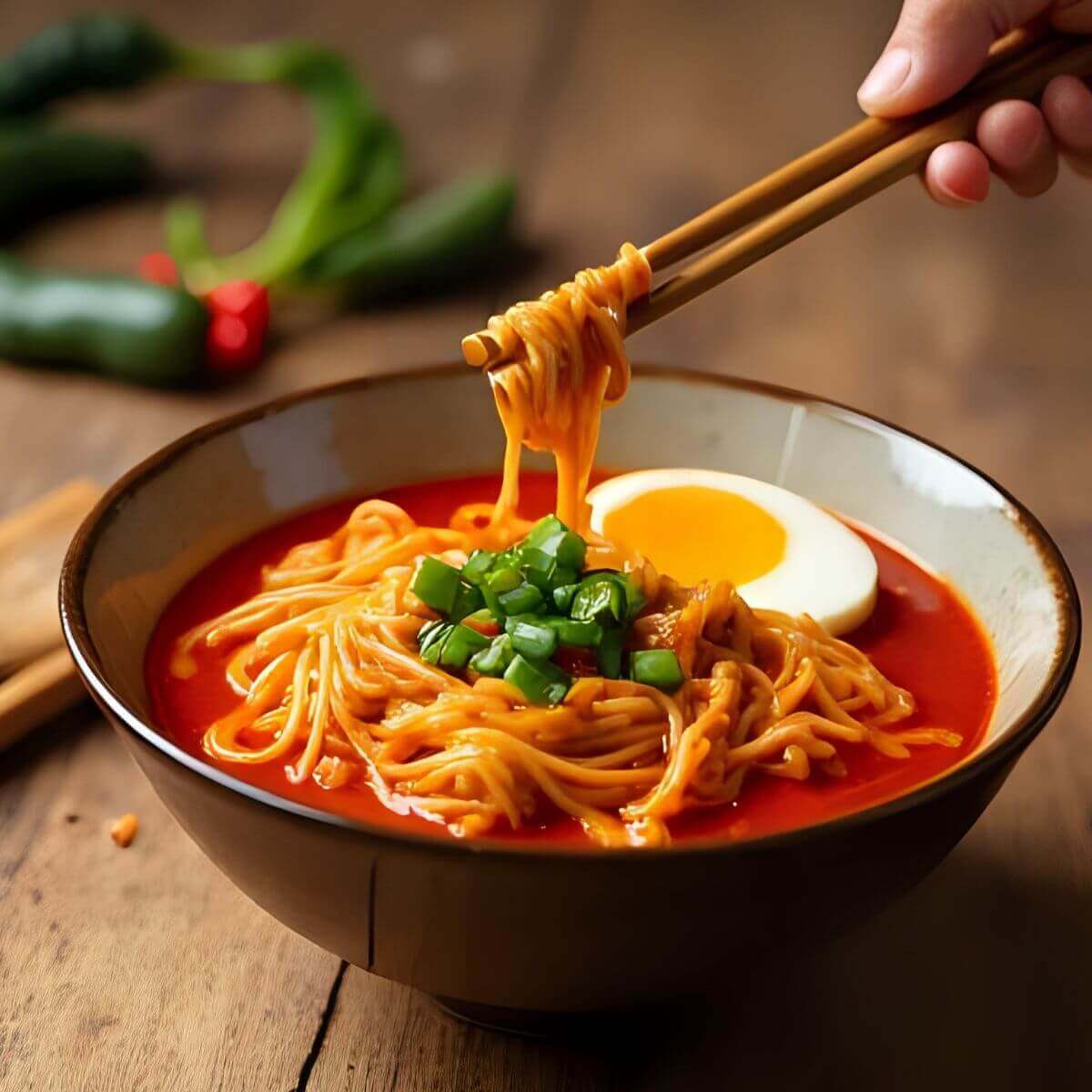 A steaming bowl of fire chicken ramen with noodles, chicken, and a soft-boiled egg, topped with green onions, and garnished with chili peppers for extra heat.