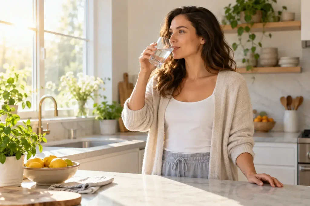 A person drinking a glass of water at a kitchen counter in the morning, calm and realistic, soft natural light, no identifiable branding.