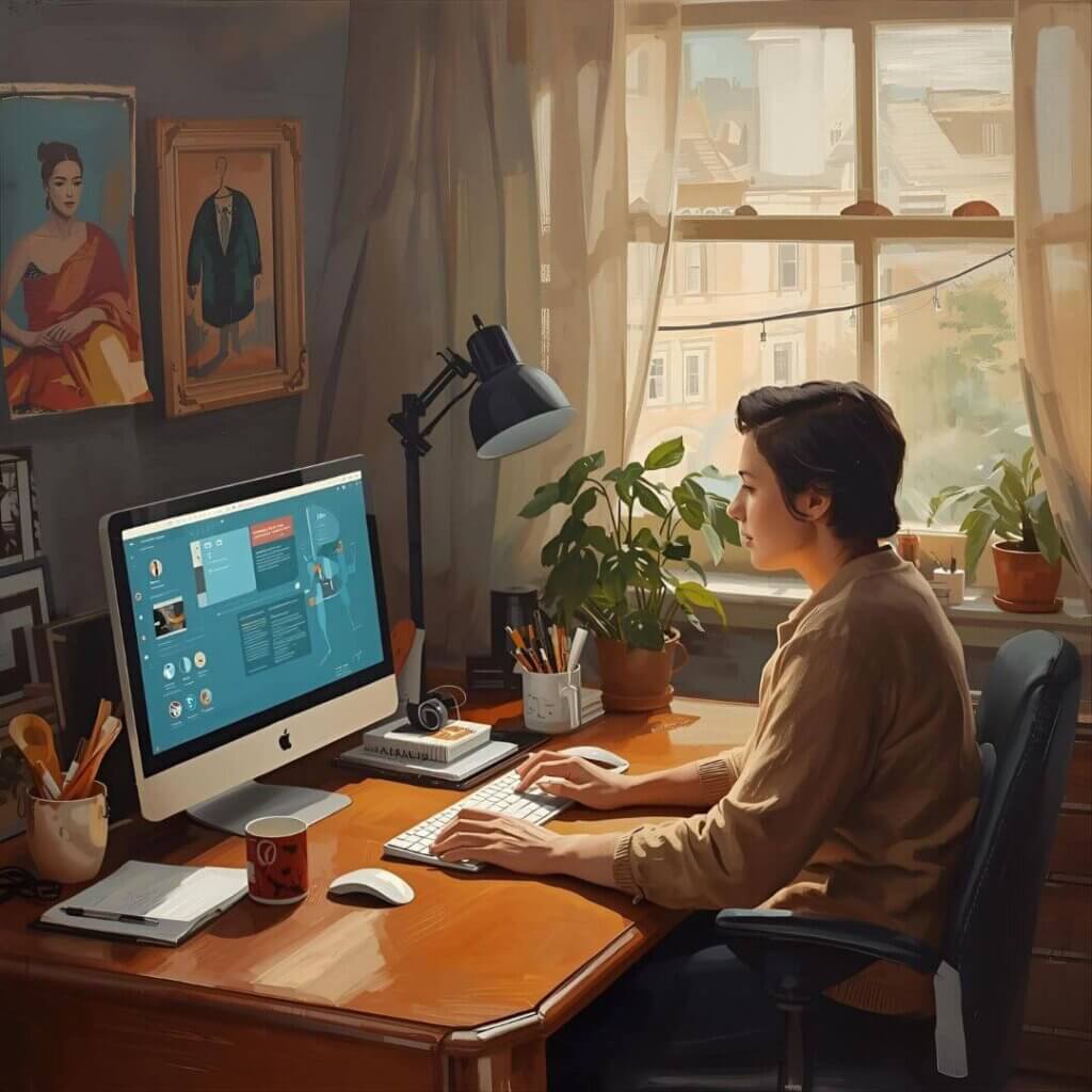 Office worker using AI for personal projects on a desktop computer