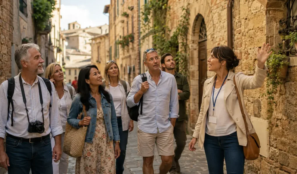 A small group of travelers following a guide through a scenic historic street, warm daylight, engaged and attentive body language, no identifiable branding or landmarks.yes or no to joining a guided group tour featured image.