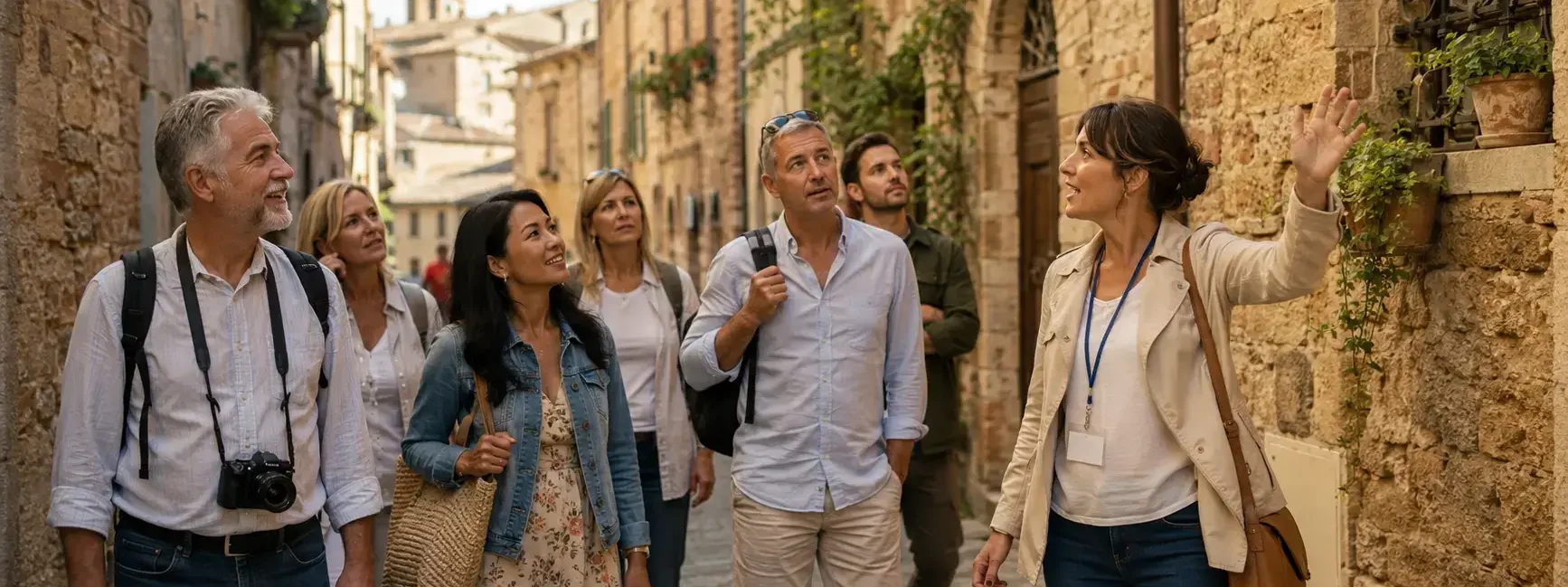 A small group of travelers following a guide through a scenic historic street, warm daylight, engaged and attentive body language, no identifiable branding or landmarks.yes or no to joining a guided group tour featured image.