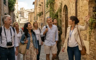 A small group of travelers following a guide through a scenic historic street, warm daylight, engaged and attentive body language, no identifiable branding or landmarks.yes or no to joining a guided group tour featured image.