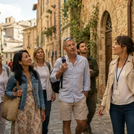 A small group of travelers following a guide through a scenic historic street, warm daylight, engaged and attentive body language, no identifiable branding or landmarks.yes or no to joining a guided group tour featured image.