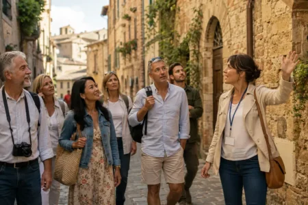 A small group of travelers following a guide through a scenic historic street, warm daylight, engaged and attentive body language, no identifiable branding or landmarks.yes or no to joining a guided group tour featured image.