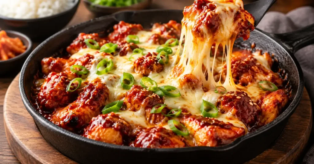 A skillet of glossy, deep-red spicy chicken topped with melted cheese and scallions, appetizing and vibrant, no identifiable brand logos.