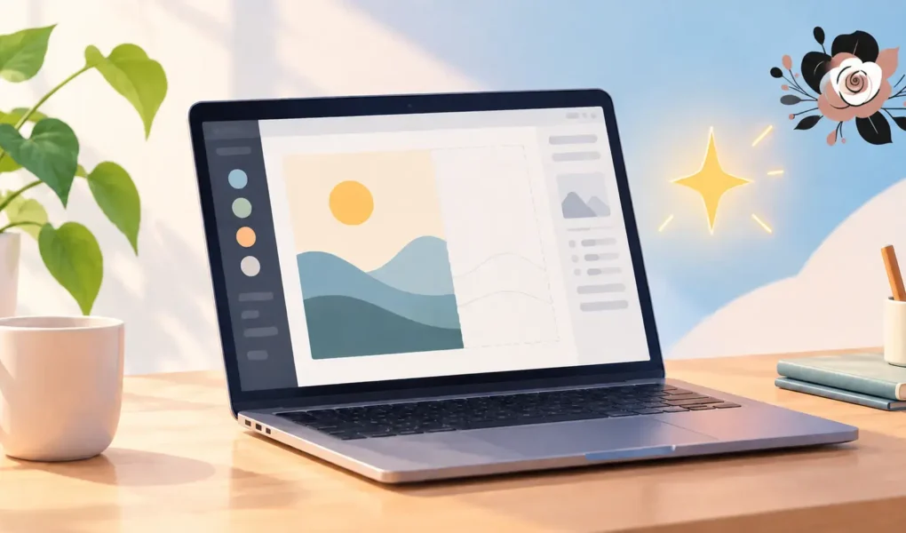 A simple, clean illustration of a laptop with a half-finished creative project on screen (a document, a design, or code) and a small glowing spark icon beside it, bright and modern, no identifiable branding or logos.yes or no to using ai for personal projects featured image.