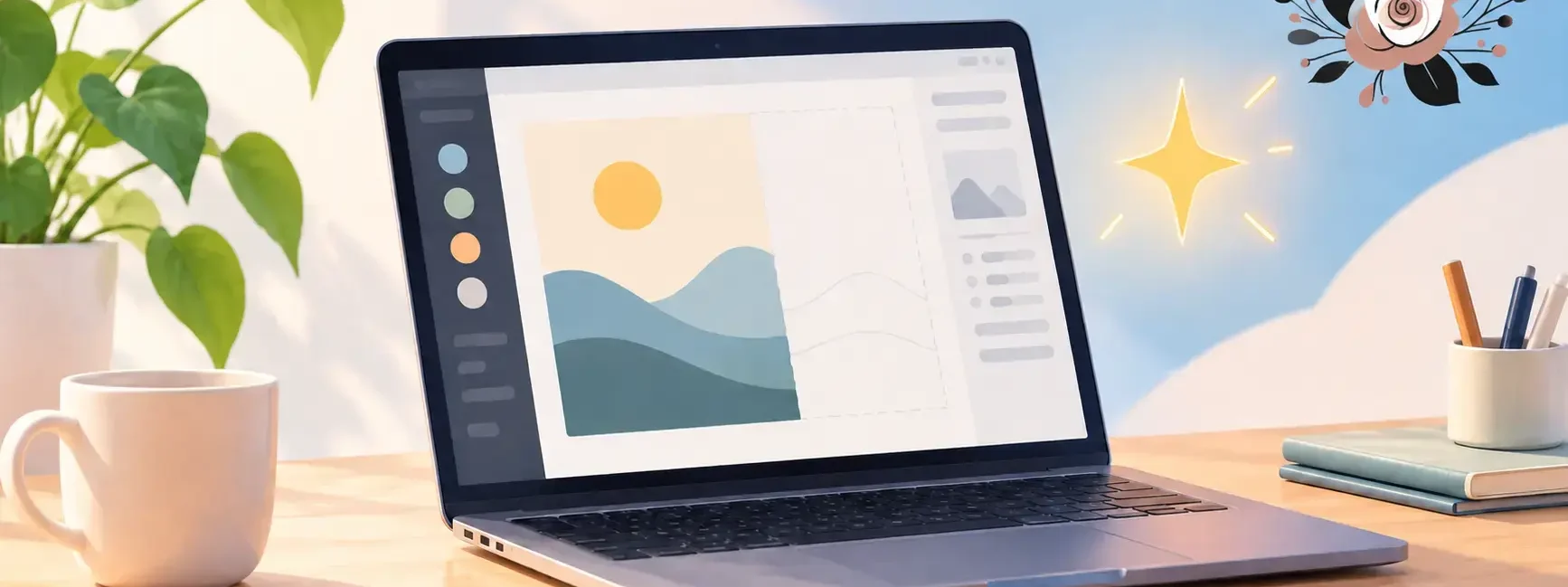 A simple, clean illustration of a laptop with a half-finished creative project on screen (a document, a design, or code) and a small glowing spark icon beside it, bright and modern, no identifiable branding or logos.yes or no to using ai for personal projects featured image.