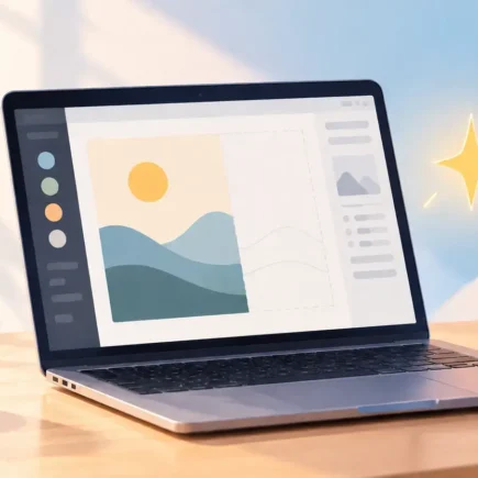 A simple, clean illustration of a laptop with a half-finished creative project on screen (a document, a design, or code) and a small glowing spark icon beside it, bright and modern, no identifiable branding or logos.yes or no to using ai for personal projects featured image.