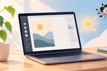 A simple, clean illustration of a laptop with a half-finished creative project on screen (a document, a design, or code) and a small glowing spark icon beside it, bright and modern, no identifiable branding or logos.yes or no to using ai for personal projects featured image.