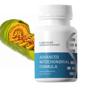 Advanced Mitochondrial Formula bottle with green and yellow graphics of the fruit papaya behind it.