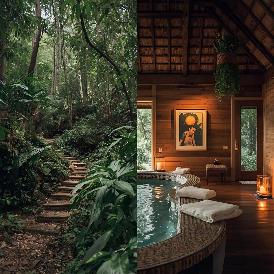 Should You Opt for Adventure Travel Over Relaxing Vacations? This image contrasts a peaceful forest path with a luxurious, relaxing spa, offering a balanced vacation experience.