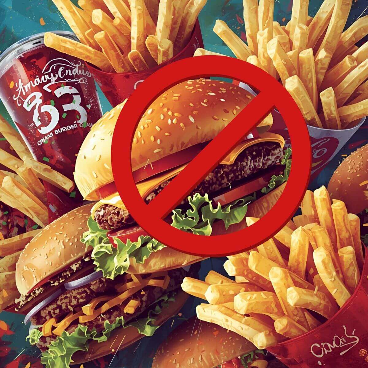 An image of burgers and fries with a red "No" symbol, highlighting the importance of avoiding fast food during intermittent fasting.
