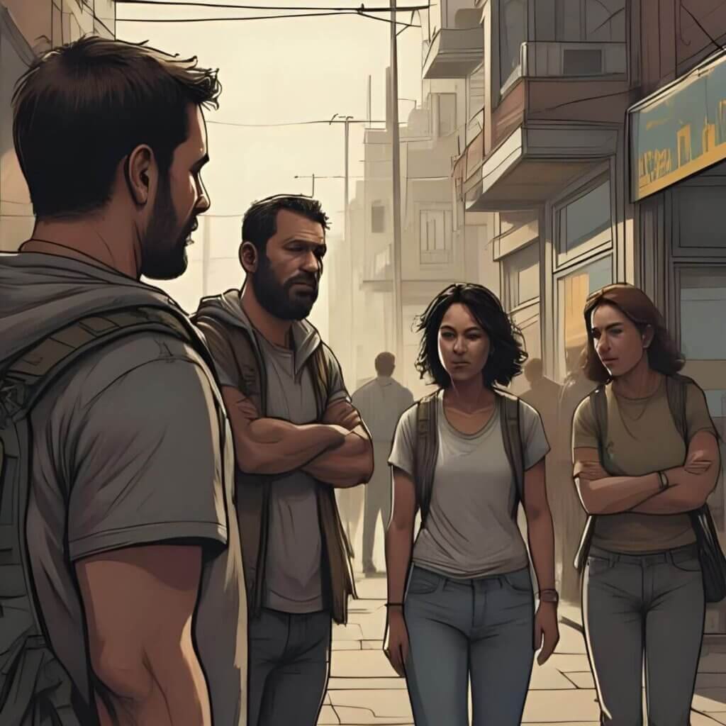 A group of travelers walks through a bustling street, navigating a city together.