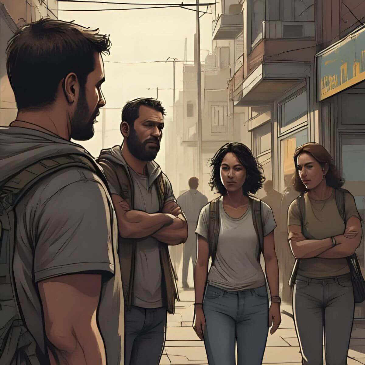 A group of travelers walks through a bustling street, navigating a city together.