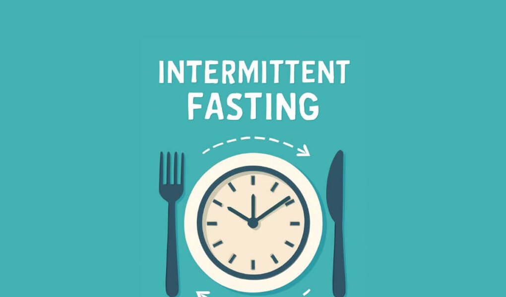 Illustration showing a clock with fork and knife symbols around it, representing intermittent fasting.