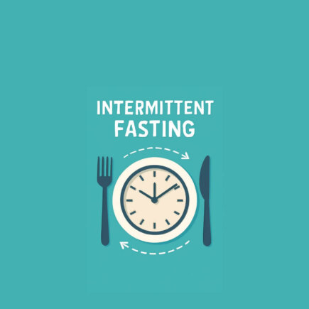 Illustration showing a clock with fork and knife symbols around it, representing intermittent fasting.