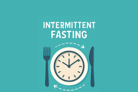 Illustration showing a clock with fork and knife symbols around it, representing intermittent fasting.