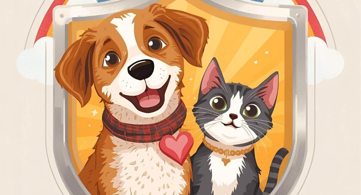 Pet insurance shield protecting a dog and cat, ensuring their health and well-being.
