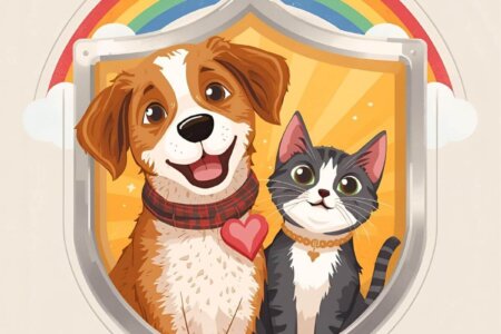 Pet insurance shield protecting a dog and cat, ensuring their health and well-being.