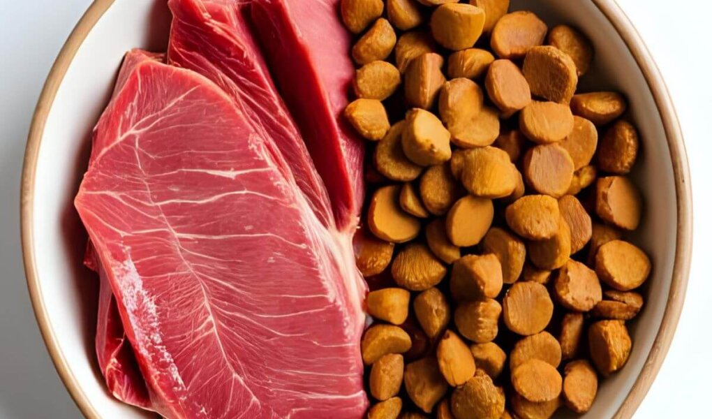 Dog bowl with raw meat and kibble, directly comparing both options in the Yes or No to Raw Diets for Dogs discussion.