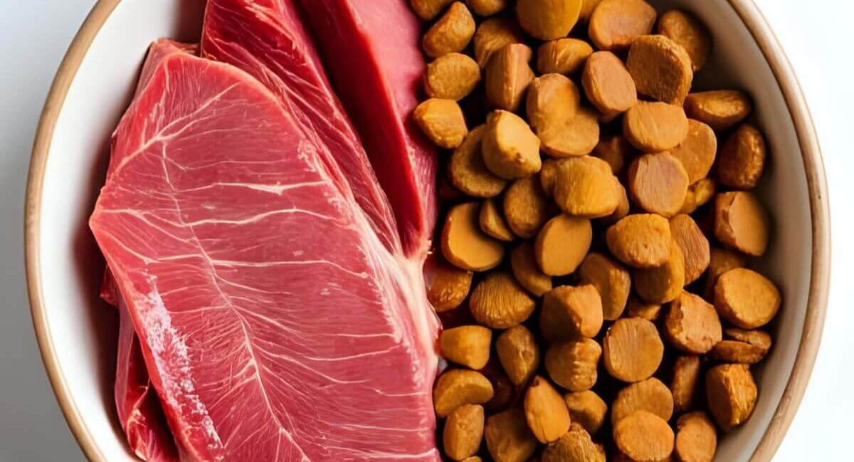 Dog bowl with raw meat and kibble, directly comparing both options in the Yes or No to Raw Diets for Dogs discussion.