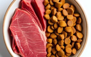 Dog bowl with raw meat and kibble, directly comparing both options in the Yes or No to Raw Diets for Dogs discussion.
