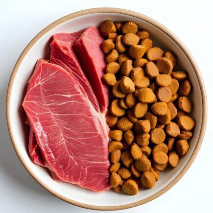 Dog bowl with raw meat and kibble, directly comparing both options in the Yes or No to Raw Diets for Dogs discussion.