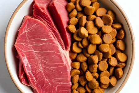 Dog bowl with raw meat and kibble, directly comparing both options in the Yes or No to Raw Diets for Dogs discussion.