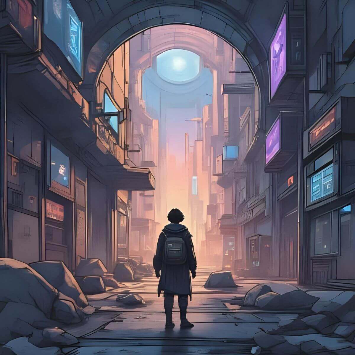 A lone traveler walks through a futuristic cityscape, symbolizing the freedom of solo travel.