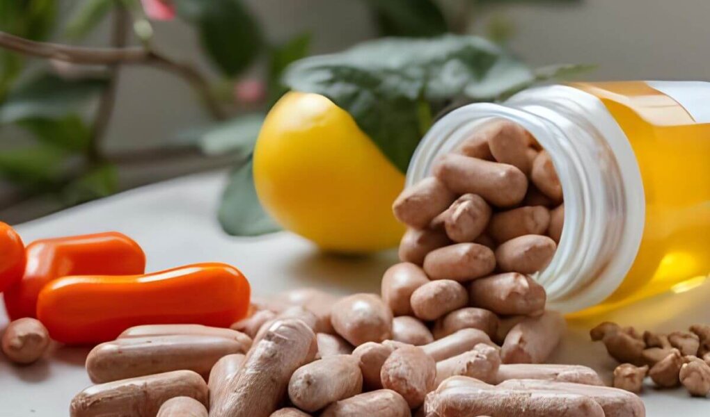 Best supplements in capsule form surrounded by fresh vegetables and fruits for healthy living