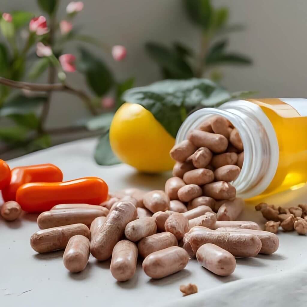 Best supplements in capsule form surrounded by fresh vegetables and fruits for healthy living