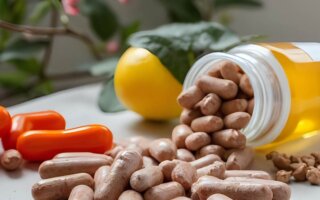 Best supplements in capsule form surrounded by fresh vegetables and fruits for healthy living