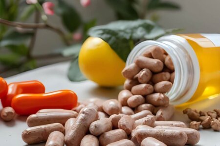 Best supplements in capsule form surrounded by fresh vegetables and fruits for healthy living