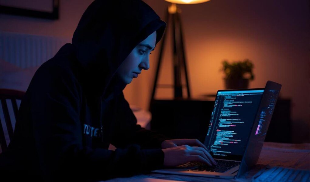 Person coding at night, using AI for personal projects on a laptop