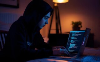 Person coding at night, using AI for personal projects on a laptop
