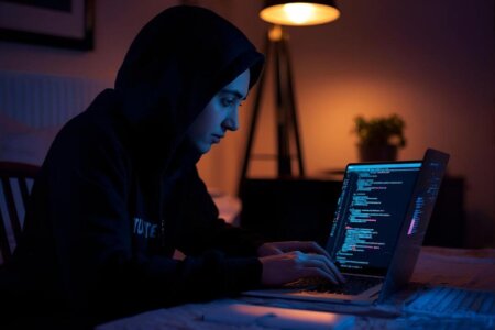 Person coding at night, using AI for personal projects on a laptop