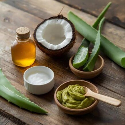 Natural skincare ingredients like aloe vera, coconut oil, and yogurt placed on a wooden table for a DIY skincare routine.