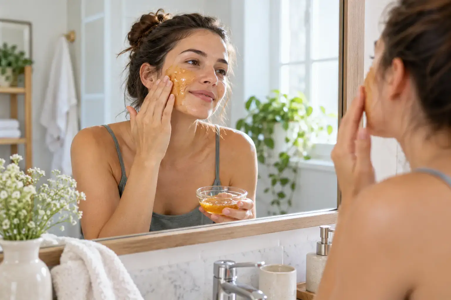 A person applying a homemade honey face mask in a bright bathroom mirror, relaxed and candid, no identifiable branding.