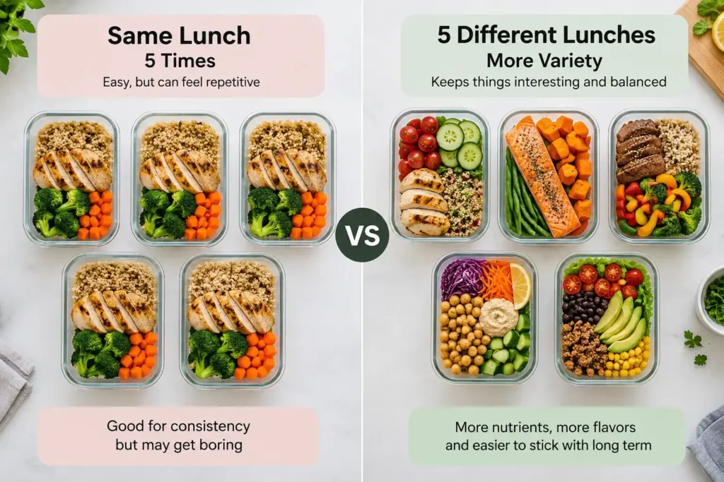 A simple visual comparison of one lunch container repeated five times versus five different lunch containers, clean editorial styling, no identifiable branding.