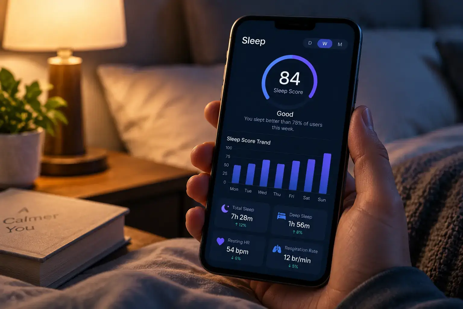 A phone screen showing a simple sleep score trend graph, minimalist app UI, no visible brand logos
