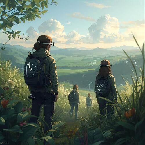 A group of people exploring nature while wearing wearable devices the future, with smart backpacks and augmented reality glasses, illustrating how wearables can integrate with outdoor activities for health monitoring and exploration.