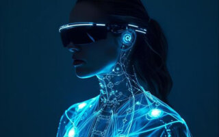 A futuristic depiction of a person wearing advanced wearable devices the future, with glowing lights and a high-tech suit, representing the evolution of wearable technology.